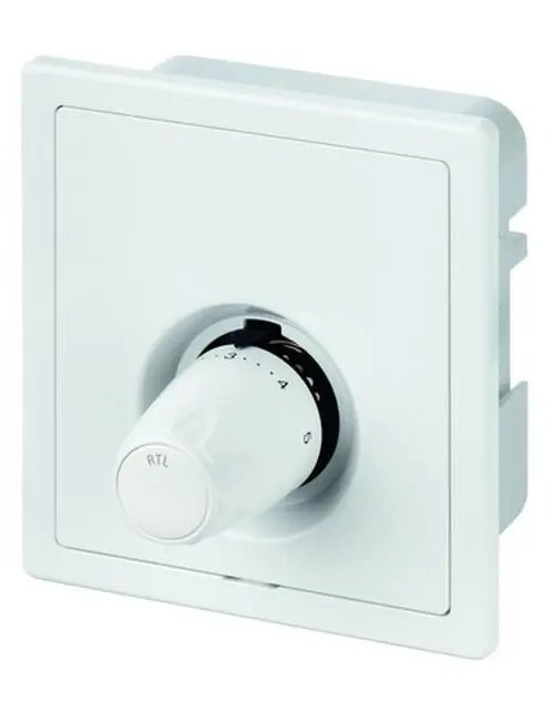 Weißer UP-Kasten mit Drehregler, montiert in Wand, Teil eines Heizsystems von IMI Hydronic Engineering. Drehknopf zum Einstellen der Temperatur.